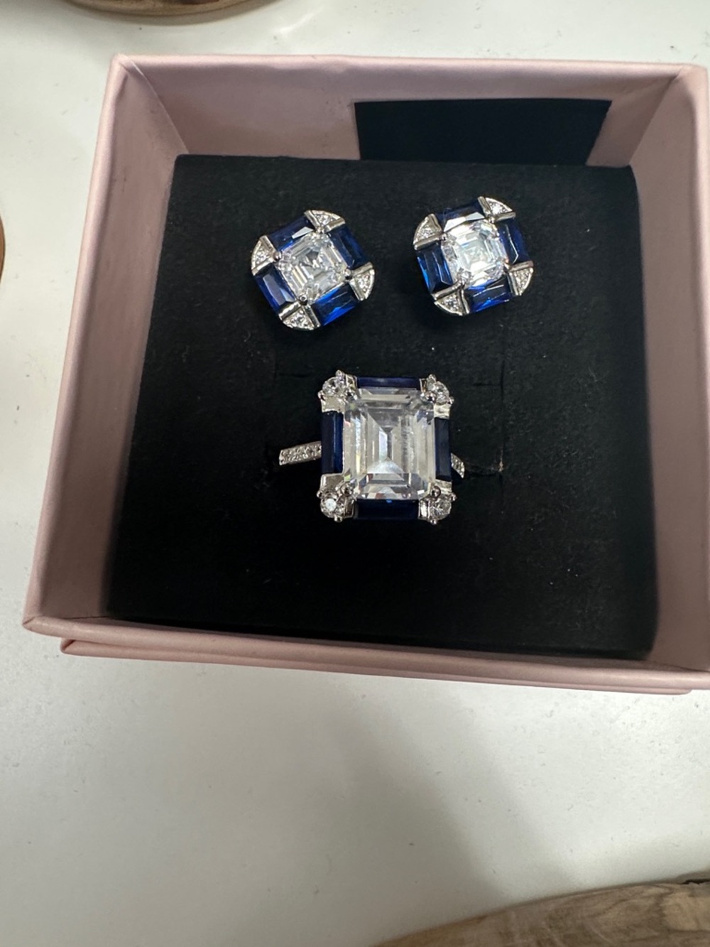Blue and Clear Emerald-Cut Ring and Earring Set - Sterling sapphire size 8
